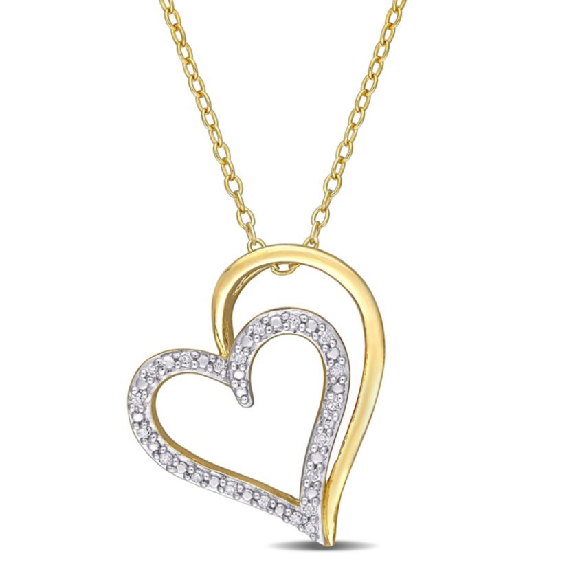 1/10 CT TW Diamond Double Heart Pendant with Chain in Yellow Plated Sterling Silver
