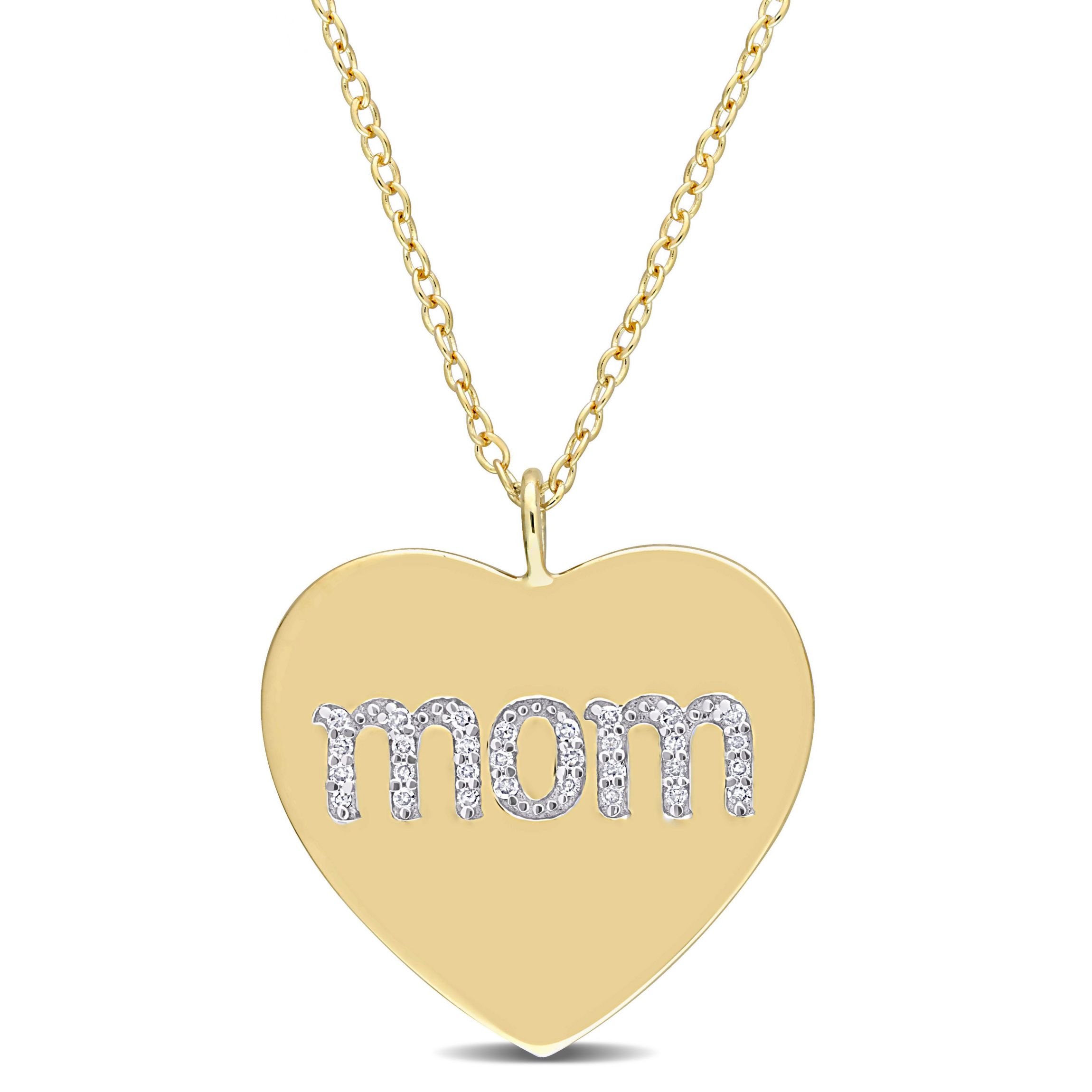 1/10 CT TW Diamond "Mom" Engraved Heart Necklace in Yellow Plated Sterling Silver