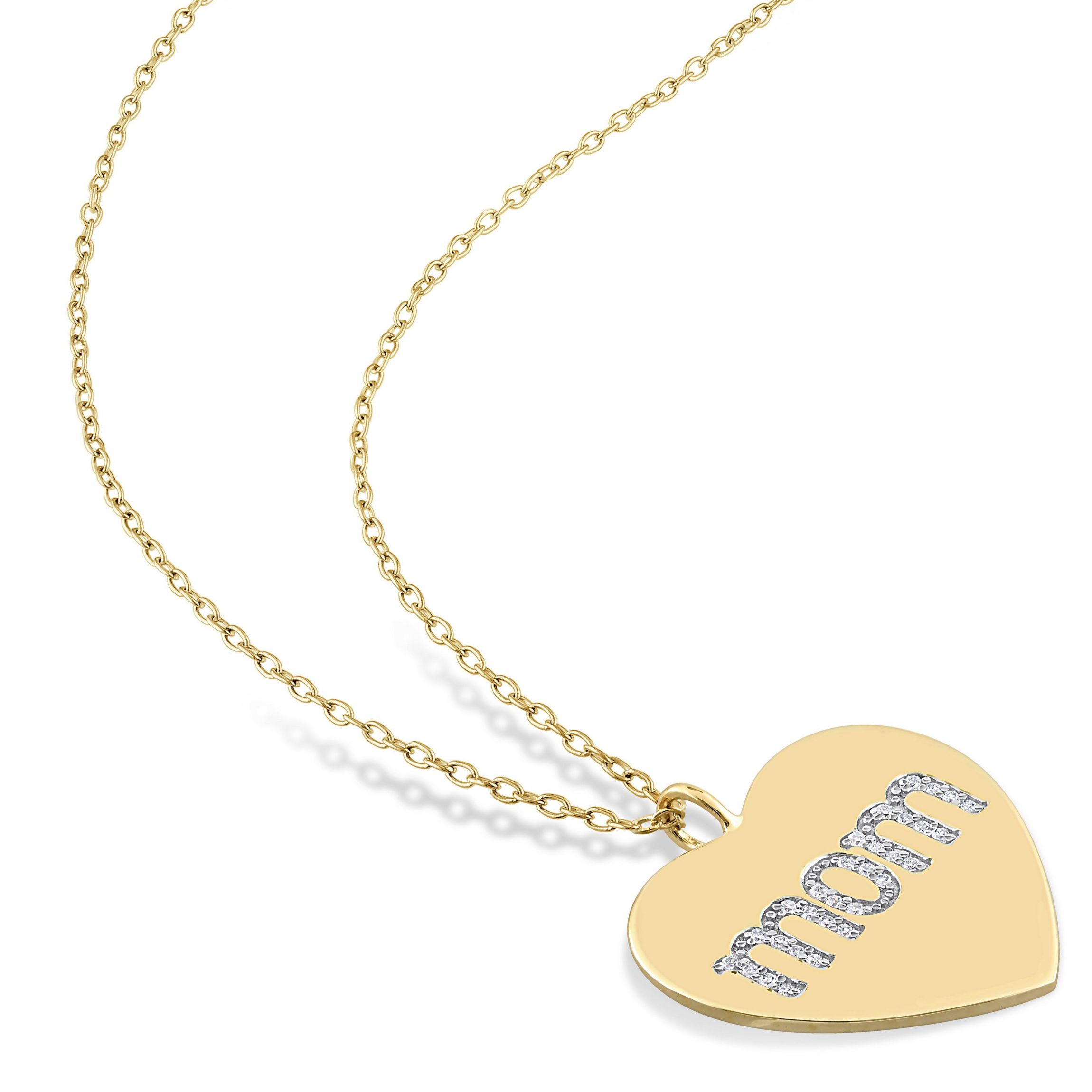 1/10 CT TW Diamond "Mom" Engraved Heart Necklace in Yellow Plated Sterling Silver