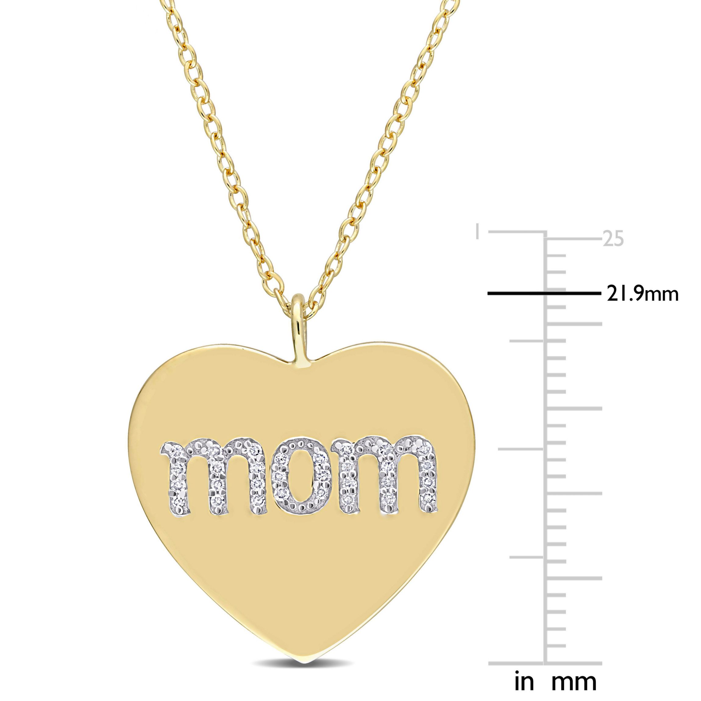 1/10 CT TW Diamond "Mom" Engraved Heart Necklace in Yellow Plated Sterling Silver
