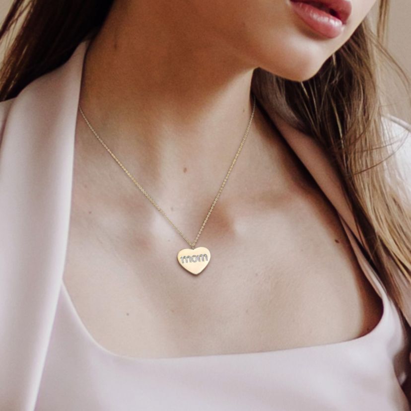 1/10 CT TW Diamond "Mom" Engraved Heart Necklace in Yellow Plated Sterling Silver