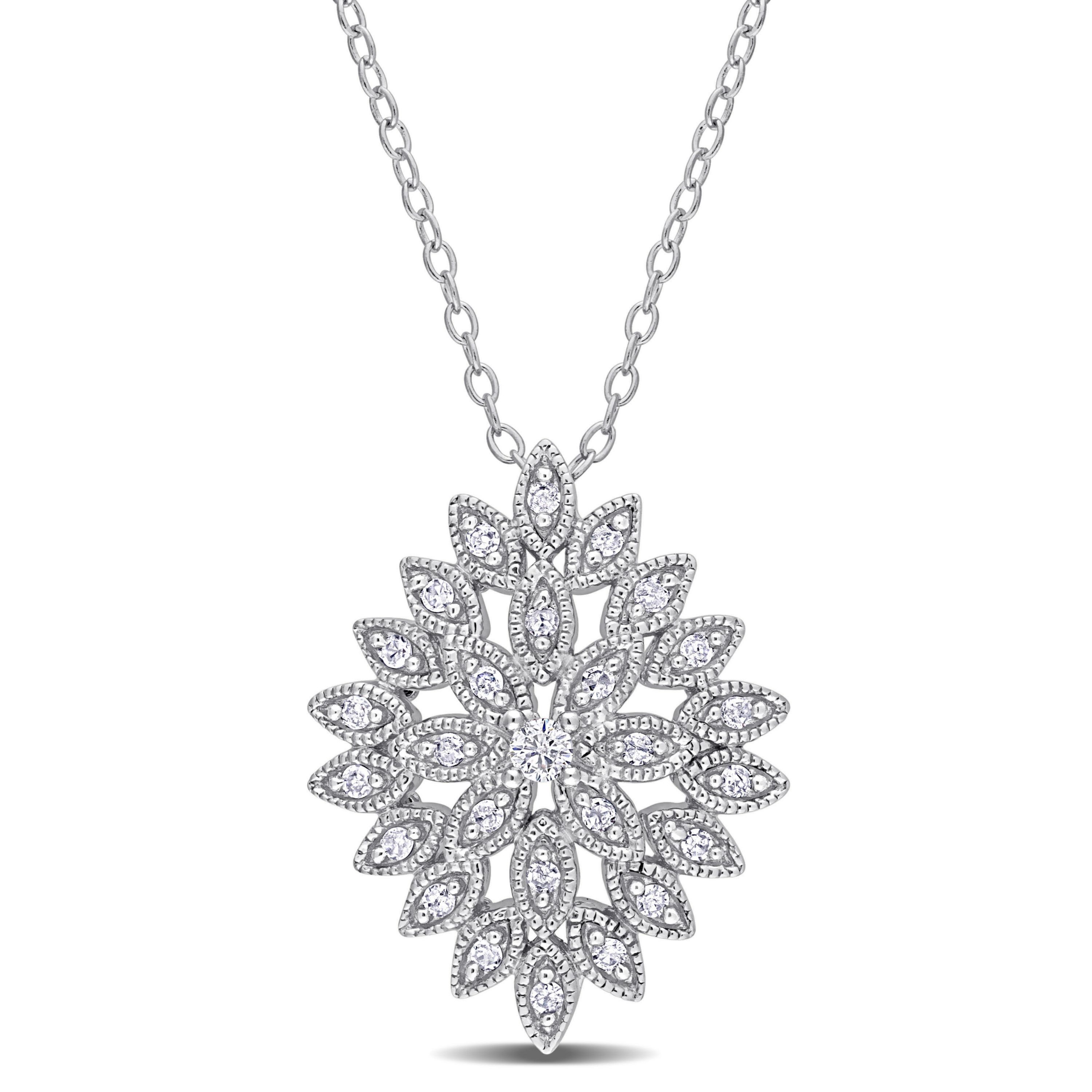 1/4 CT TW Diamond Cluster Floral Pendant with Chain in Sterling Silver