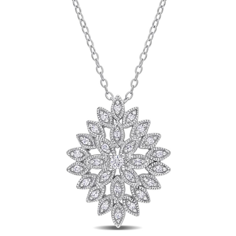 1/4 CT TW Diamond Cluster Floral Pendant with Chain in Sterling Silver