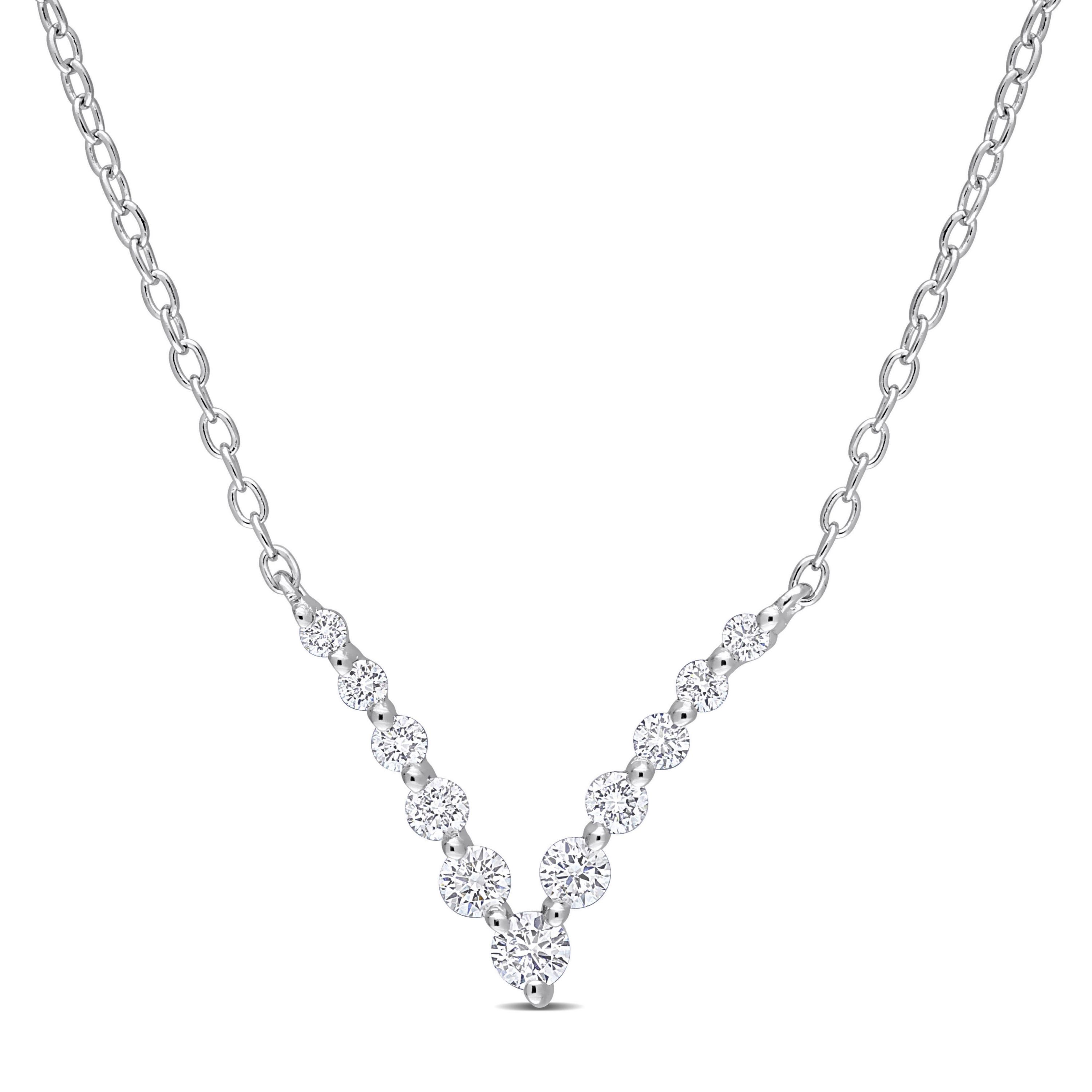 1/3 CT TGW Lab Created Diamond Graduated V Necklace in Platinum Plated Sterling Silver