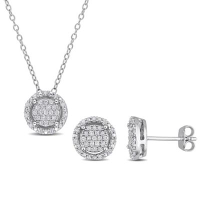 Belk & Co 2-Piece Set 1/2 CT TW Diamond Halo Cluster Necklace and Earrings in Sterling Silver, White