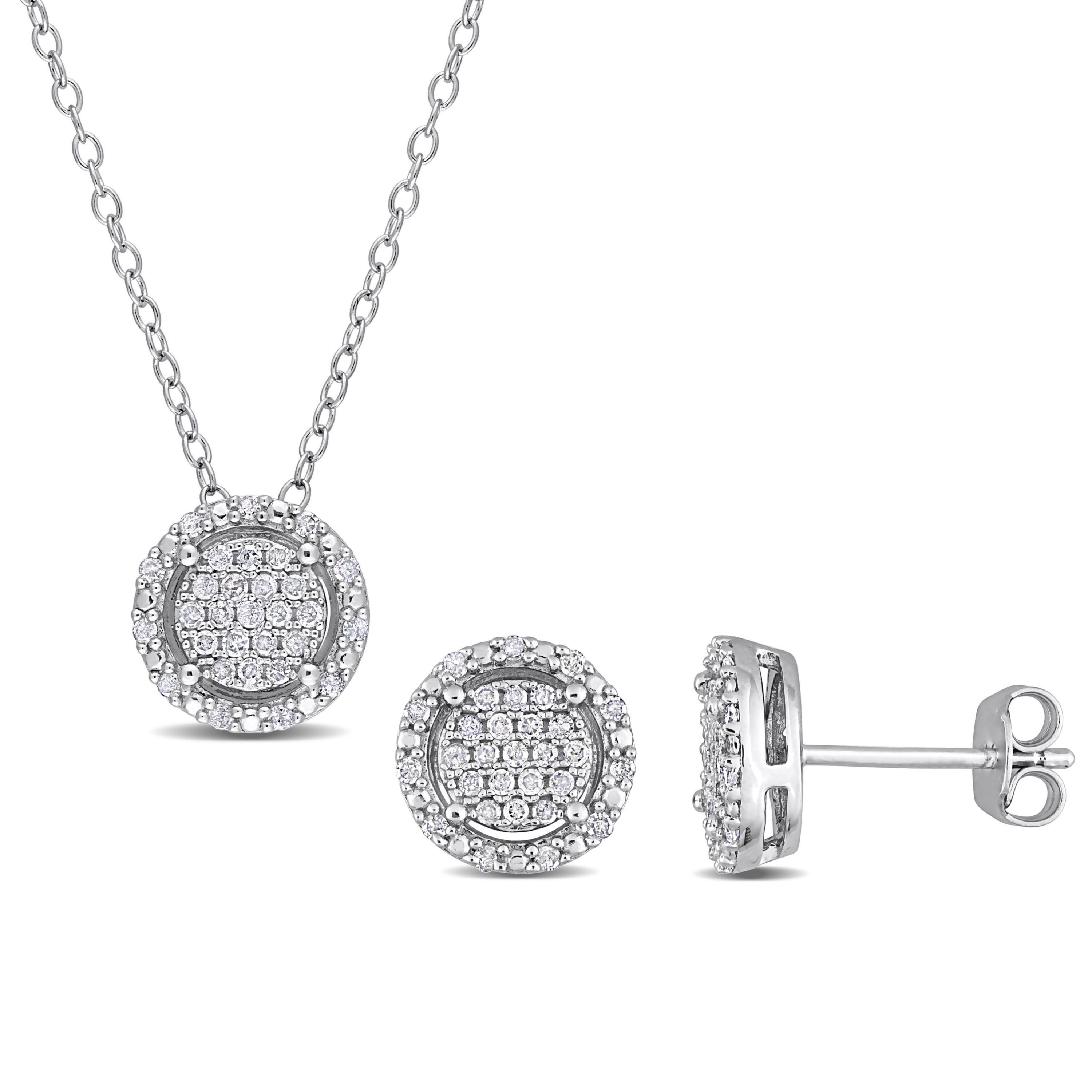 2-Piece Set 1/2 CT TW Diamond Halo Cluster Necklace and Earrings in Sterling Silver