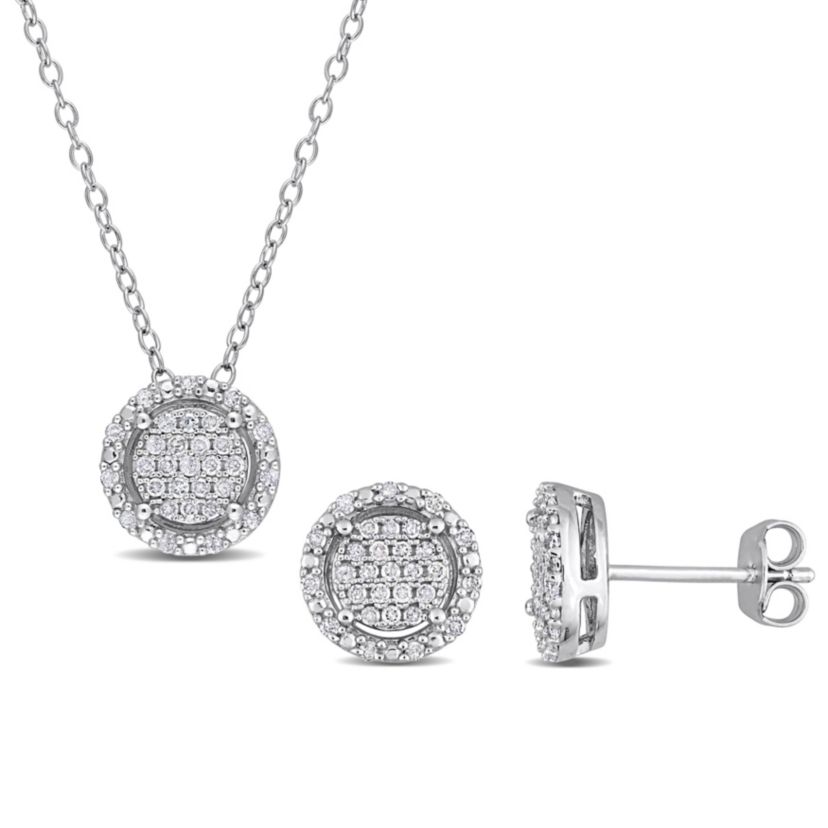 2-Piece Set 1/2 CT TW Diamond Halo Cluster Necklace and Earrings in Sterling Silver