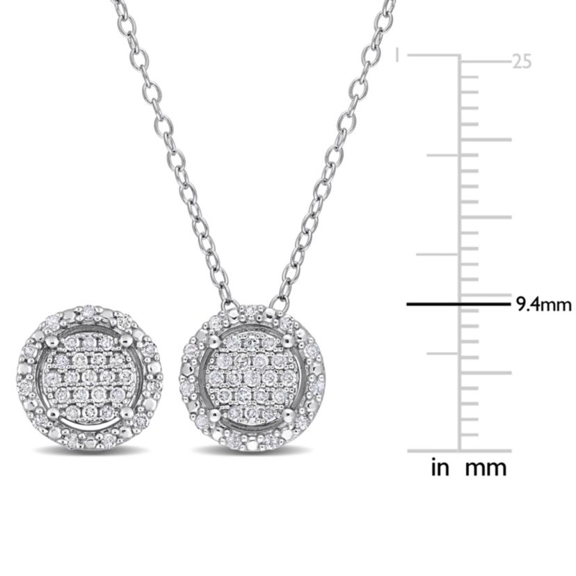 2-Piece Set 1/2 CT TW Diamond Halo Cluster Necklace and Earrings in Sterling Silver