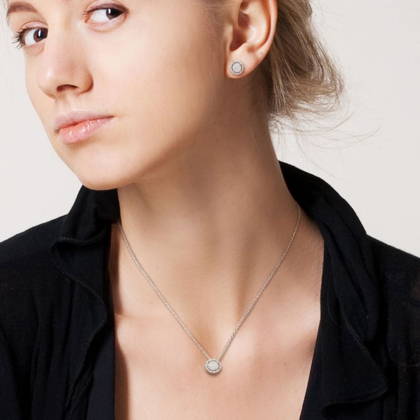 2-Piece Set 1/2 CT TW Diamond Halo Cluster Necklace and Earrings in Sterling Silver