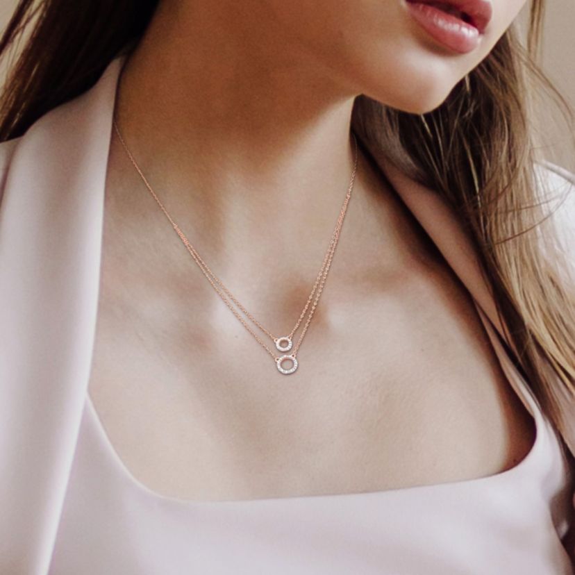Diamond Accent Circle Two-Strand Necklace in Rose Plated Sterling Silver