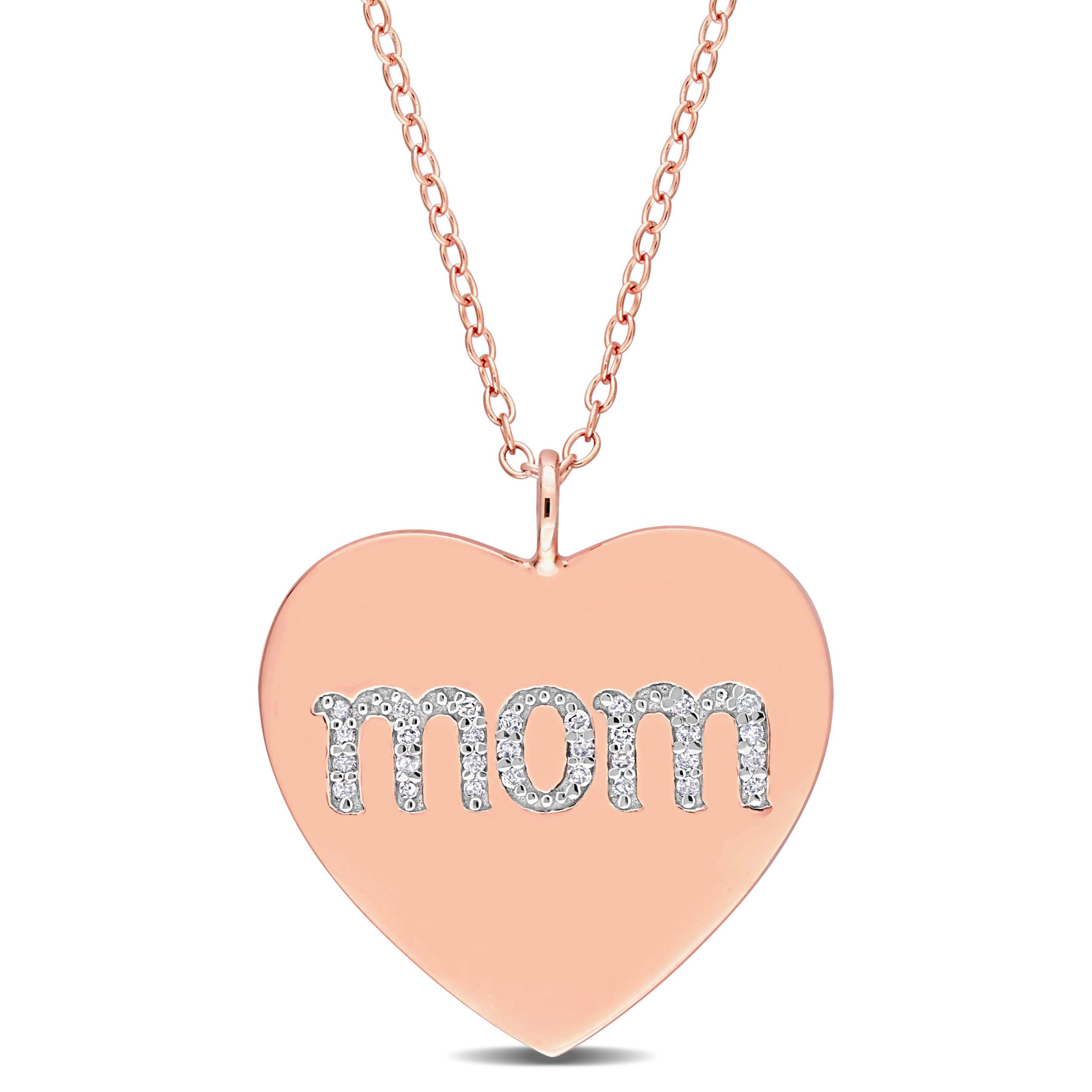 1/10 CT TW Diamond Mom Engraved Heart Necklace in Rose Plated Sterling Silver