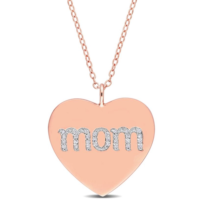 1/10 CT TW Diamond Mom Engraved Heart Necklace in Rose Plated Sterling Silver