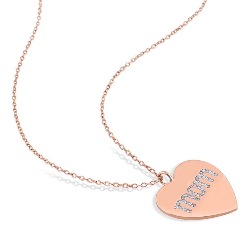 1/10 CT TW Diamond Mom Engraved Heart Necklace in Rose Plated Sterling Silver