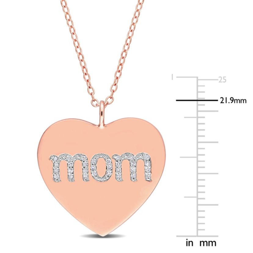 1/10 CT TW Diamond Mom Engraved Heart Necklace in Rose Plated Sterling Silver