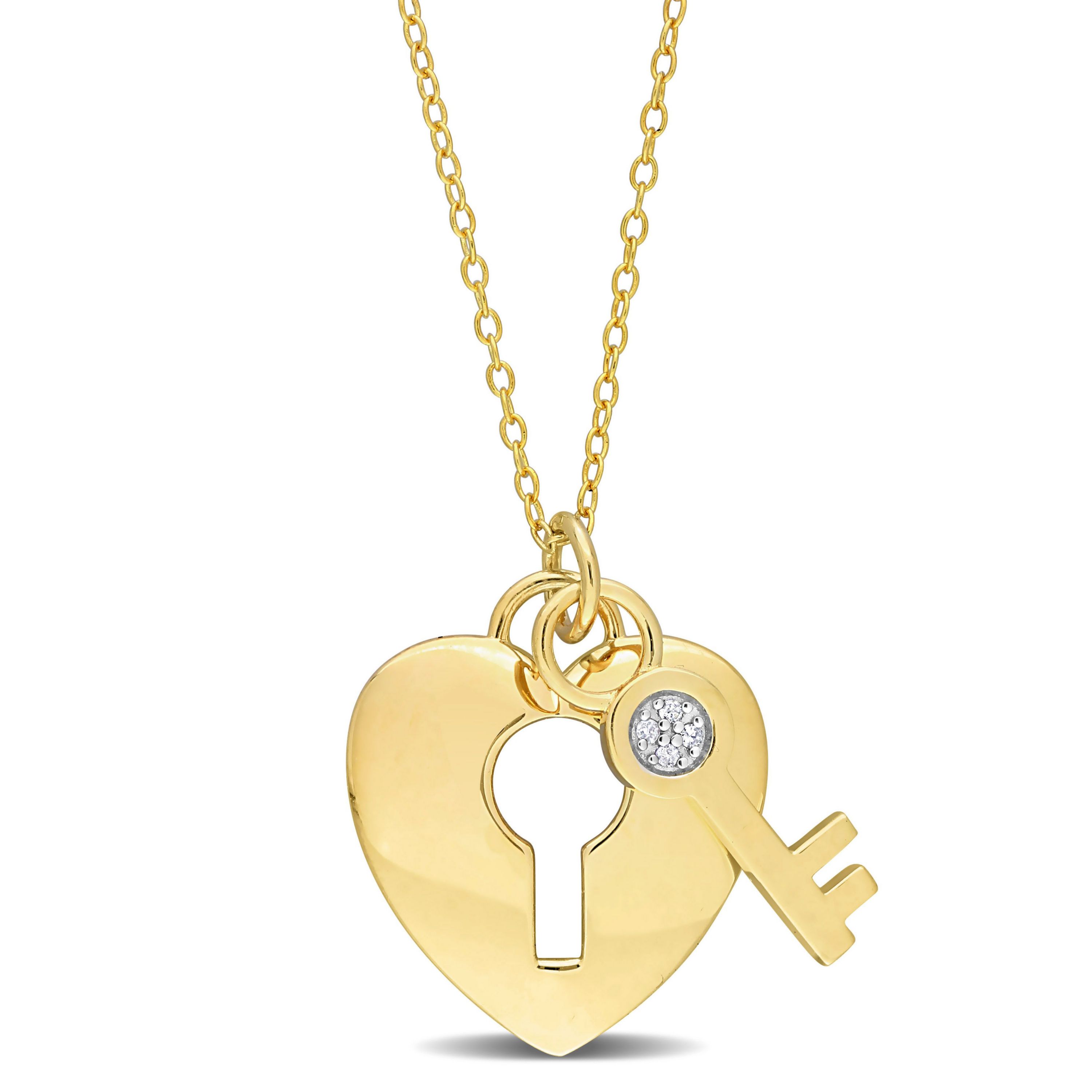 Diamond Accent Lock and Key Heart Charm Necklace in Yellow Plated Sterling Silver