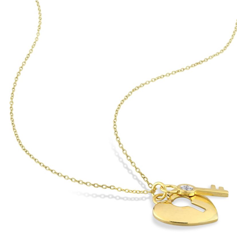 Diamond Accent Lock and Key Heart Charm Necklace in Yellow Plated Sterling Silver