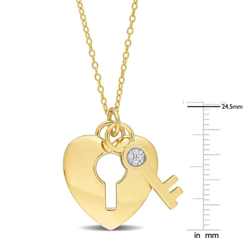 Diamond Accent Lock and Key Heart Charm Necklace in Yellow Plated Sterling Silver