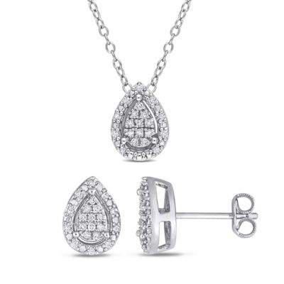 Belk & Co 2-Piece Set 1/3 CT TW Diamond Teardrop Cluster Earrings and Necklace in Sterling Silver, White