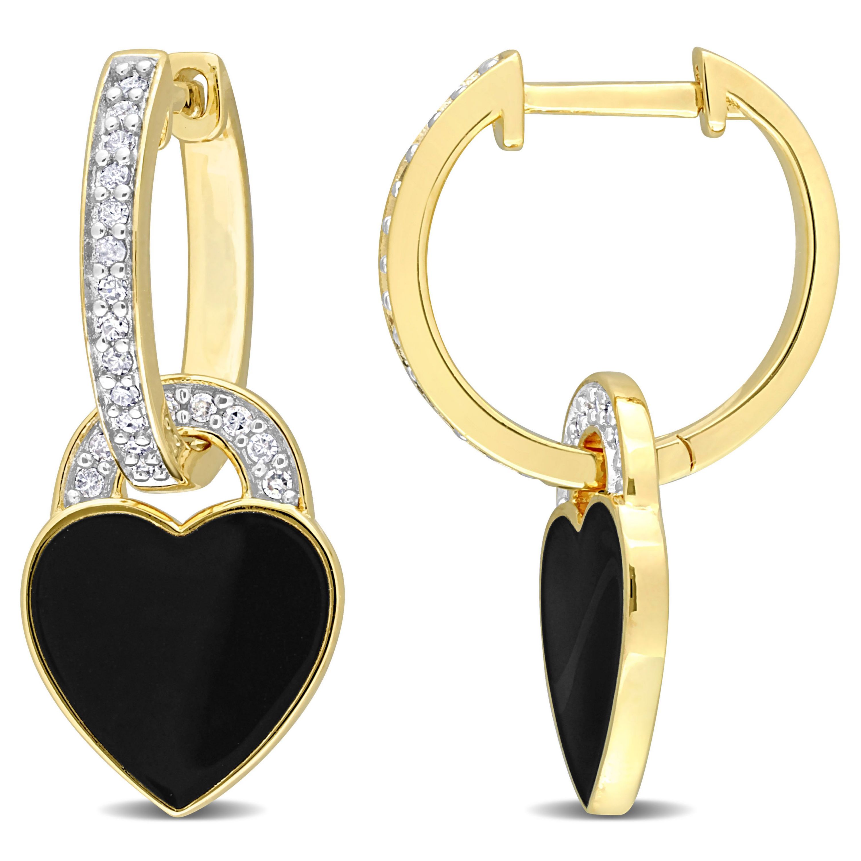 1/5 CT TW Diamond Black Enamel Heart Earrings in Yellow Plated Sterling Silver