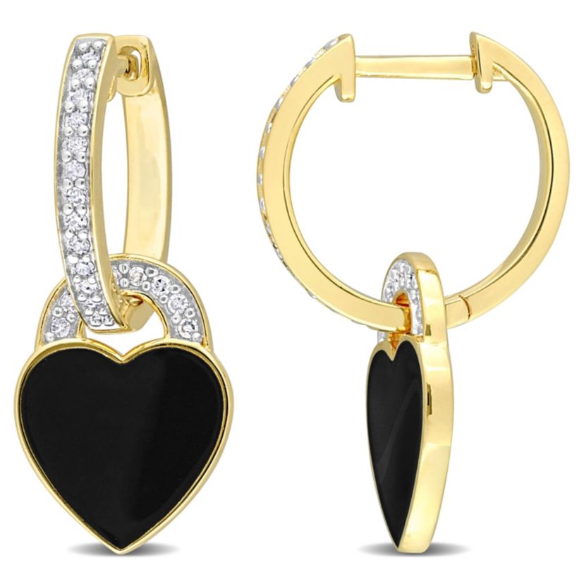 1/5 CT TW Diamond Black Enamel Heart Earrings in Yellow Plated Sterling Silver