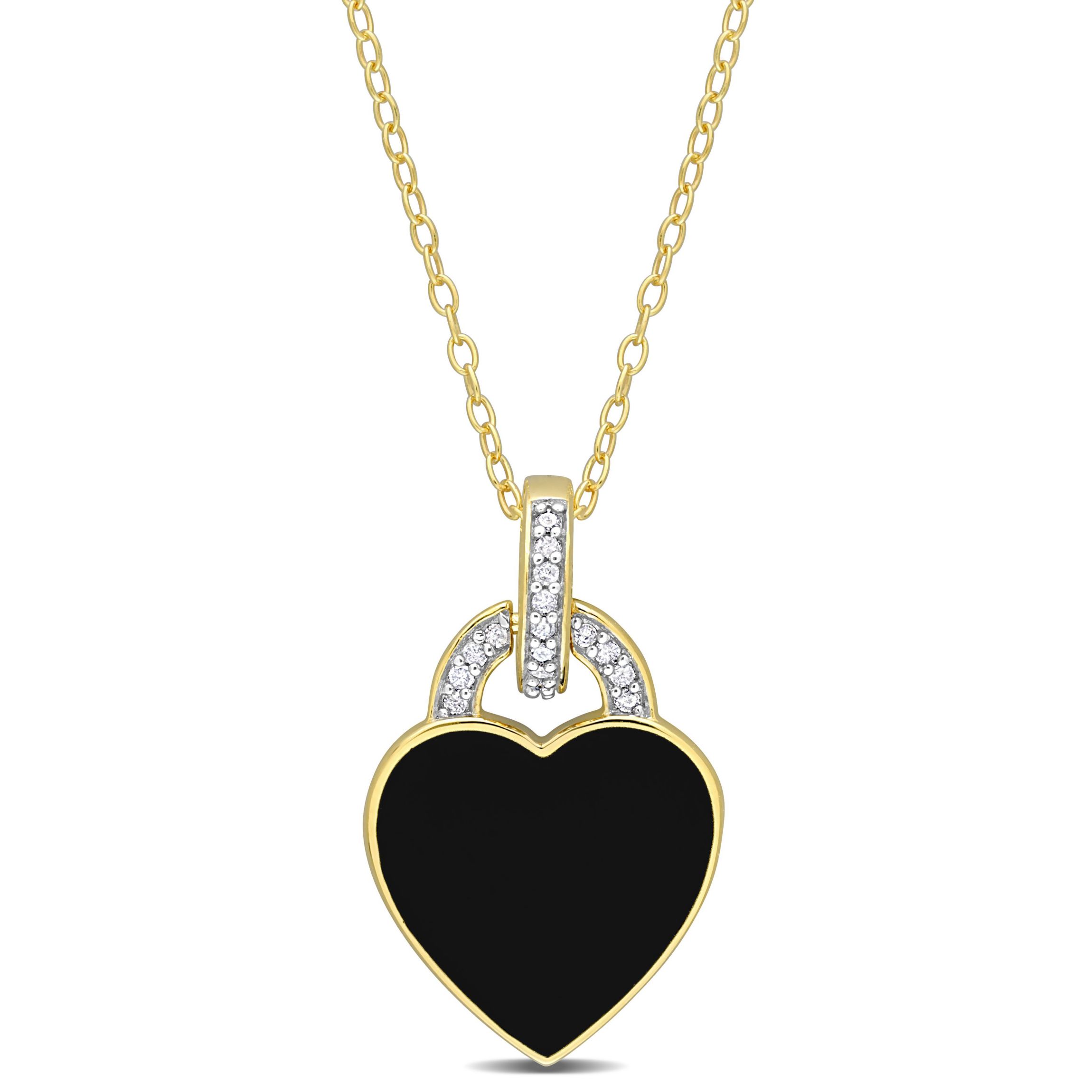 1/10 CT TW Diamond Black Enamel Heart Necklace in Yellow Plated Sterling Silver