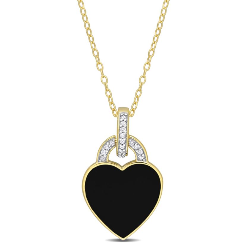 1/10 CT TW Diamond Black Enamel Heart Necklace in Yellow Plated Sterling Silver