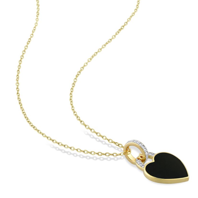 1/10 CT TW Diamond Black Enamel Heart Necklace in Yellow Plated Sterling Silver