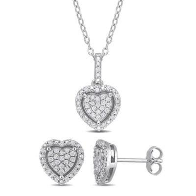 Belk & Co 2-Piece Set 2/5 CT TW Diamond Heart Cluster Earrings and Necklace in Sterling Silver, White