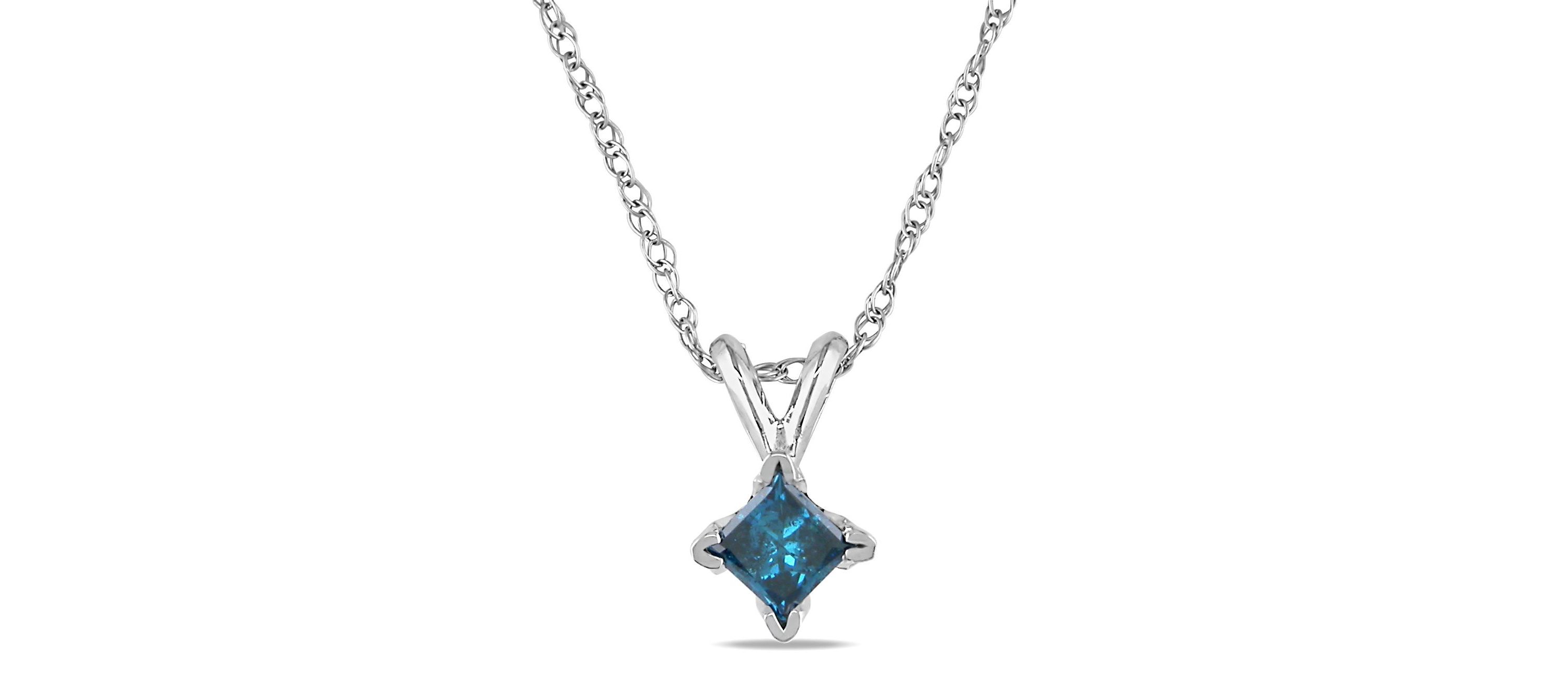 1/4 ct. t.w. Blue Princess Cut Diamond Solitaire Pendant with Chain in 10K White Gold