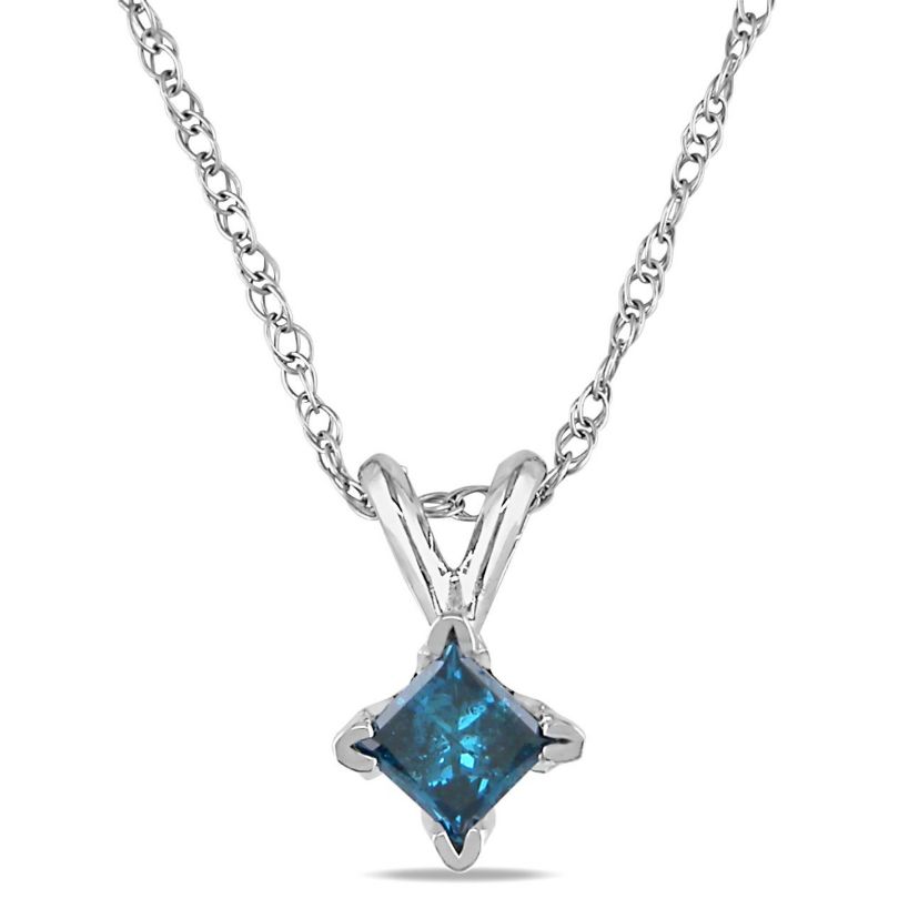 1/4 ct. t.w. Blue Princess Cut Diamond Solitaire Pendant with Chain in 10K White Gold