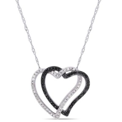 Belk & Co 1/4 ct. t.w. Black and White Diamond Double Open Heart Necklace in 10K White Gold with Black Rhodium Plating