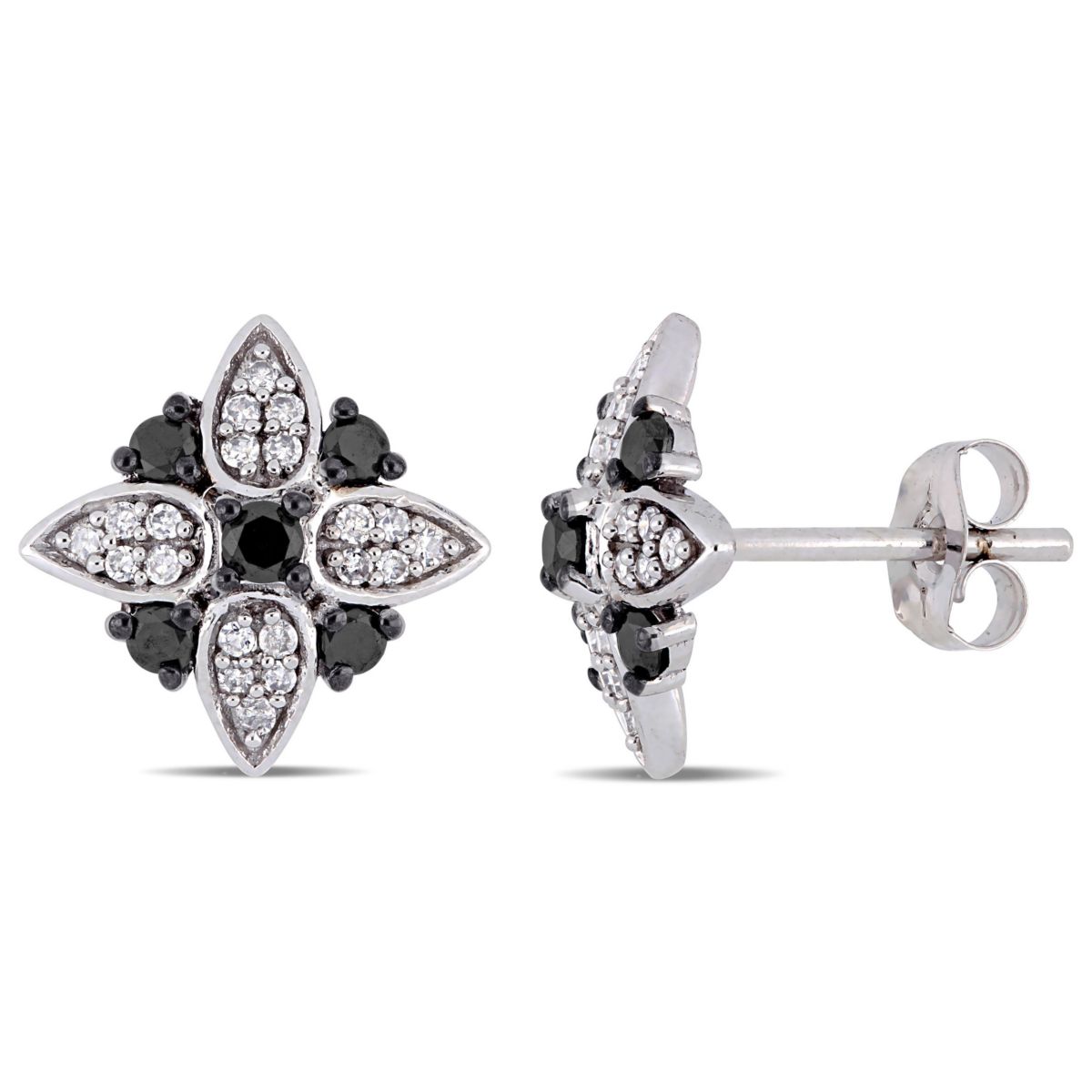 2/5 ct. t.w. Black and White Diamond Floral Post Stud Earrings in 10K White Gold