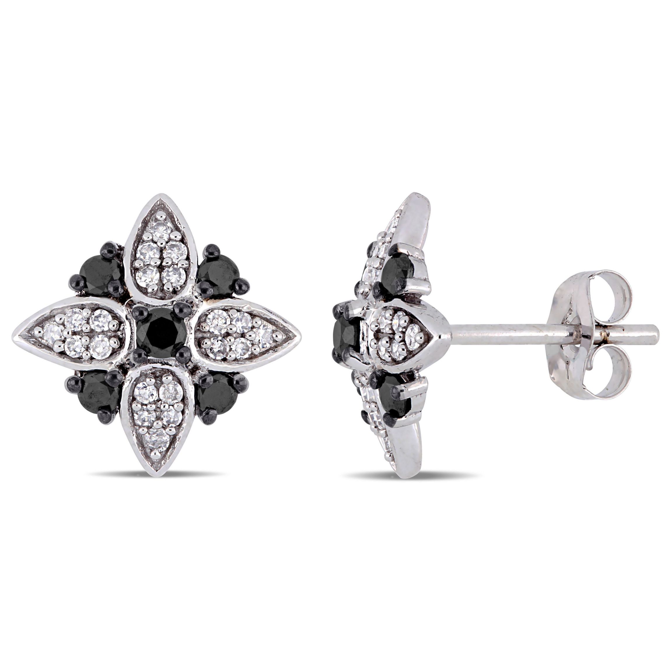2/5 ct. t.w. Black and White Diamond Floral Post Stud Earrings in 10K White Gold