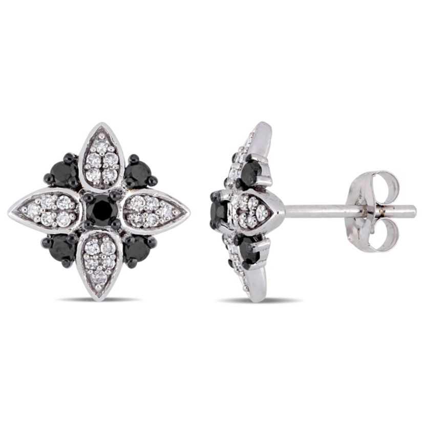 2/5 ct. t.w. Black and White Diamond Floral Post Stud Earrings in 10K White Gold