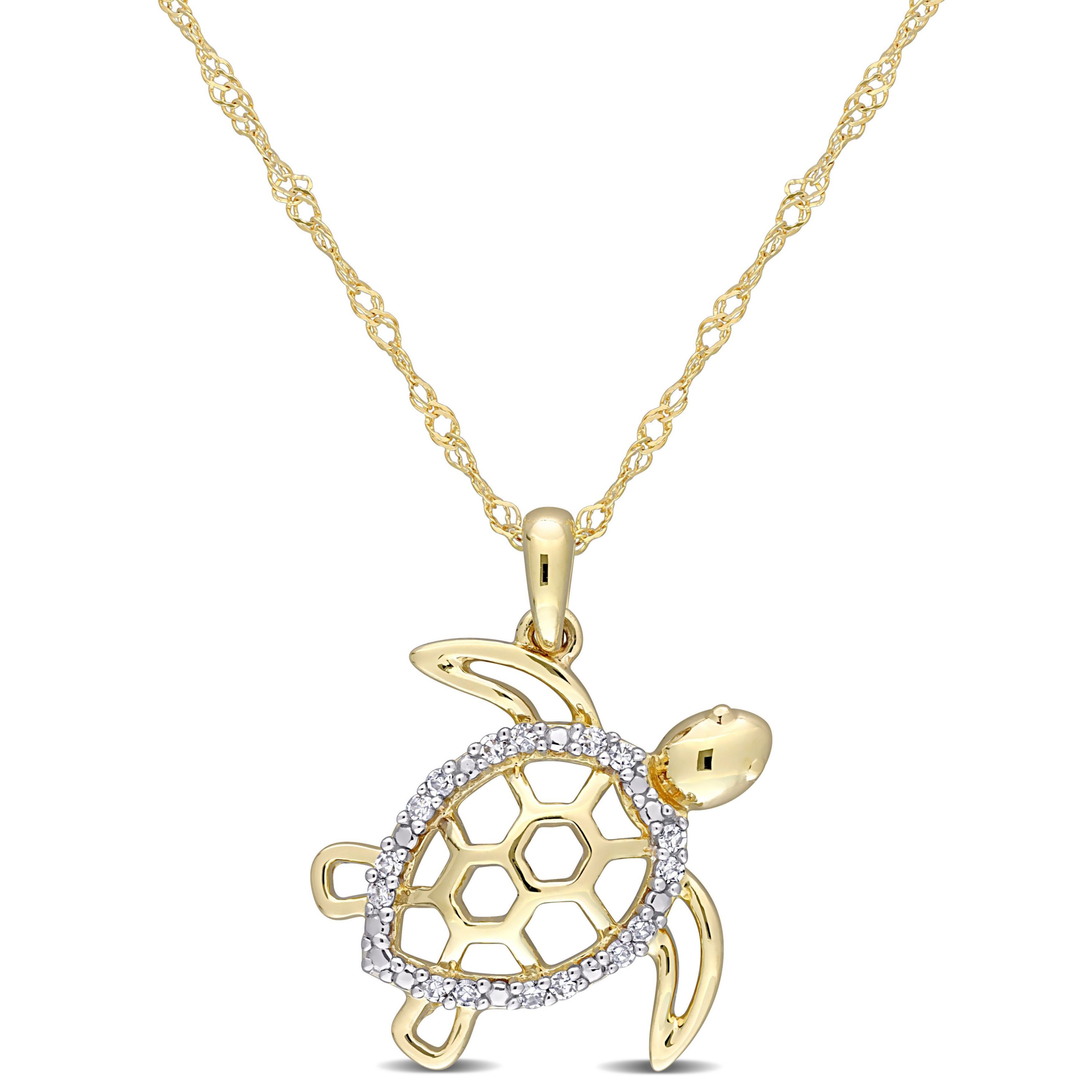 Diamond Accent Sea Turtle Pendant with Chain in 10K Yellow Gold