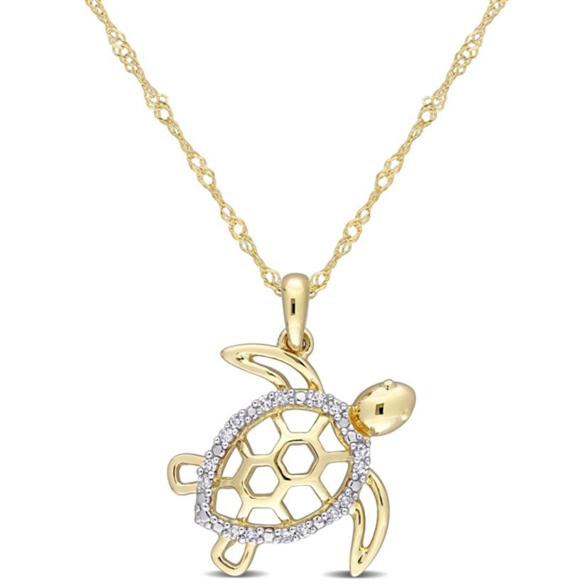 Diamond Accent Sea Turtle Pendant with Chain in 10K Yellow Gold