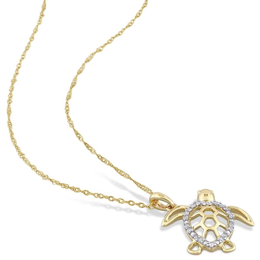 Diamond Accent Sea Turtle Pendant with Chain in 10K Yellow Gold