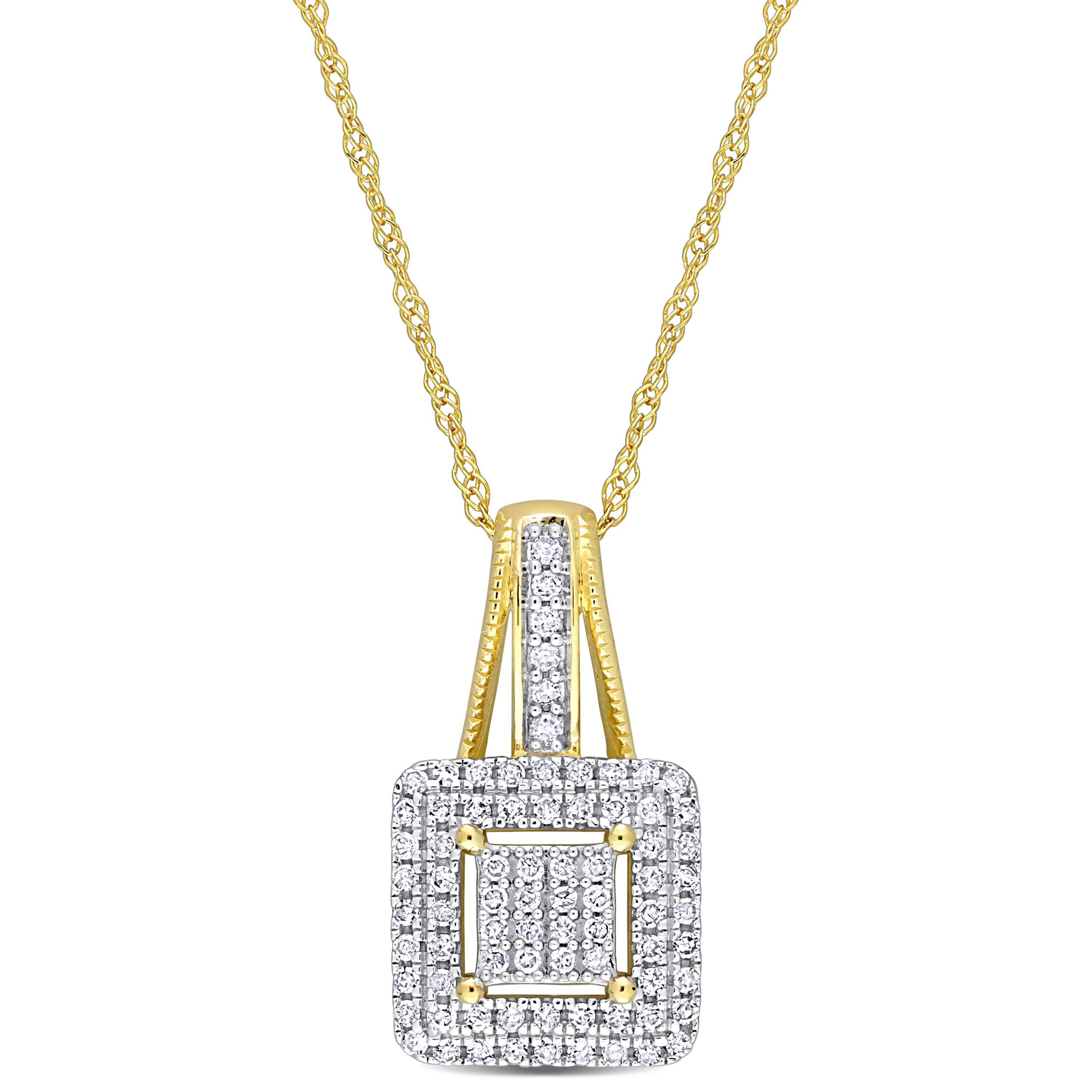 1/4 ct. t.w. Diamond Double Halo Square Cluster Pendant with Chain in 10K Yellow Gold