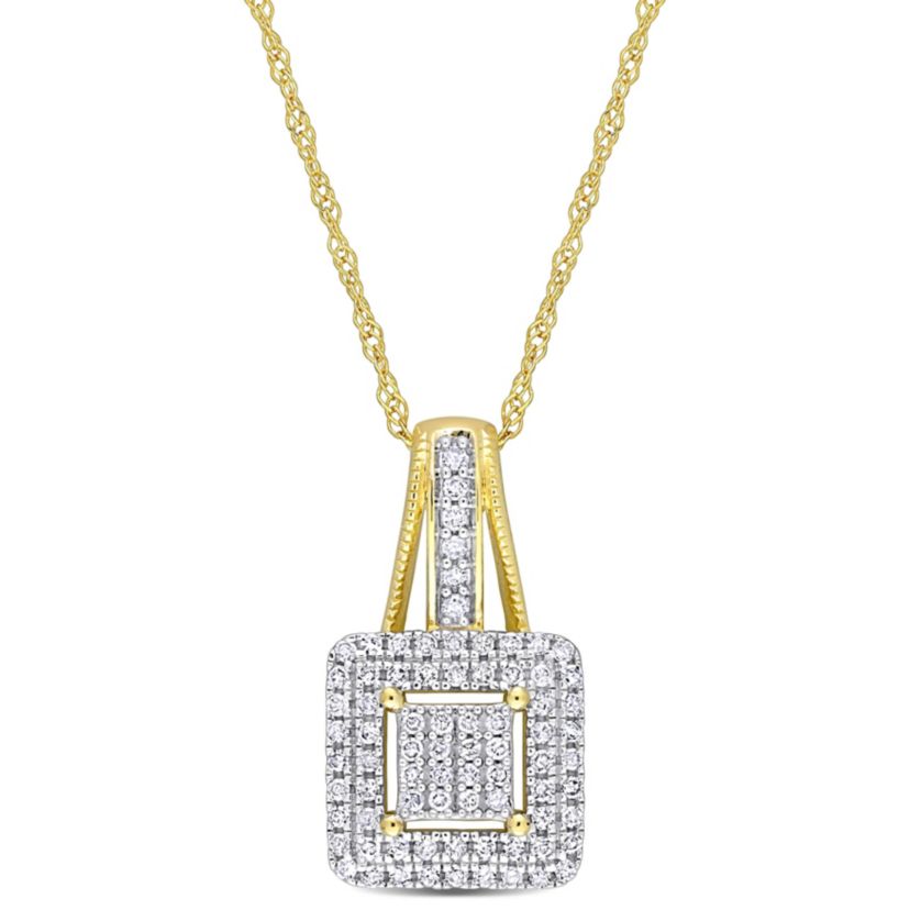 1/4 ct. t.w. Diamond Double Halo Square Cluster Pendant with Chain in 10K Yellow Gold