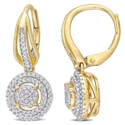 Belk & Co 1/2 ct. t.w. Diamond Double Halo Round Cluster Drop Leverback Earrings in 10K Yellow Gold -  5400426BLK007541