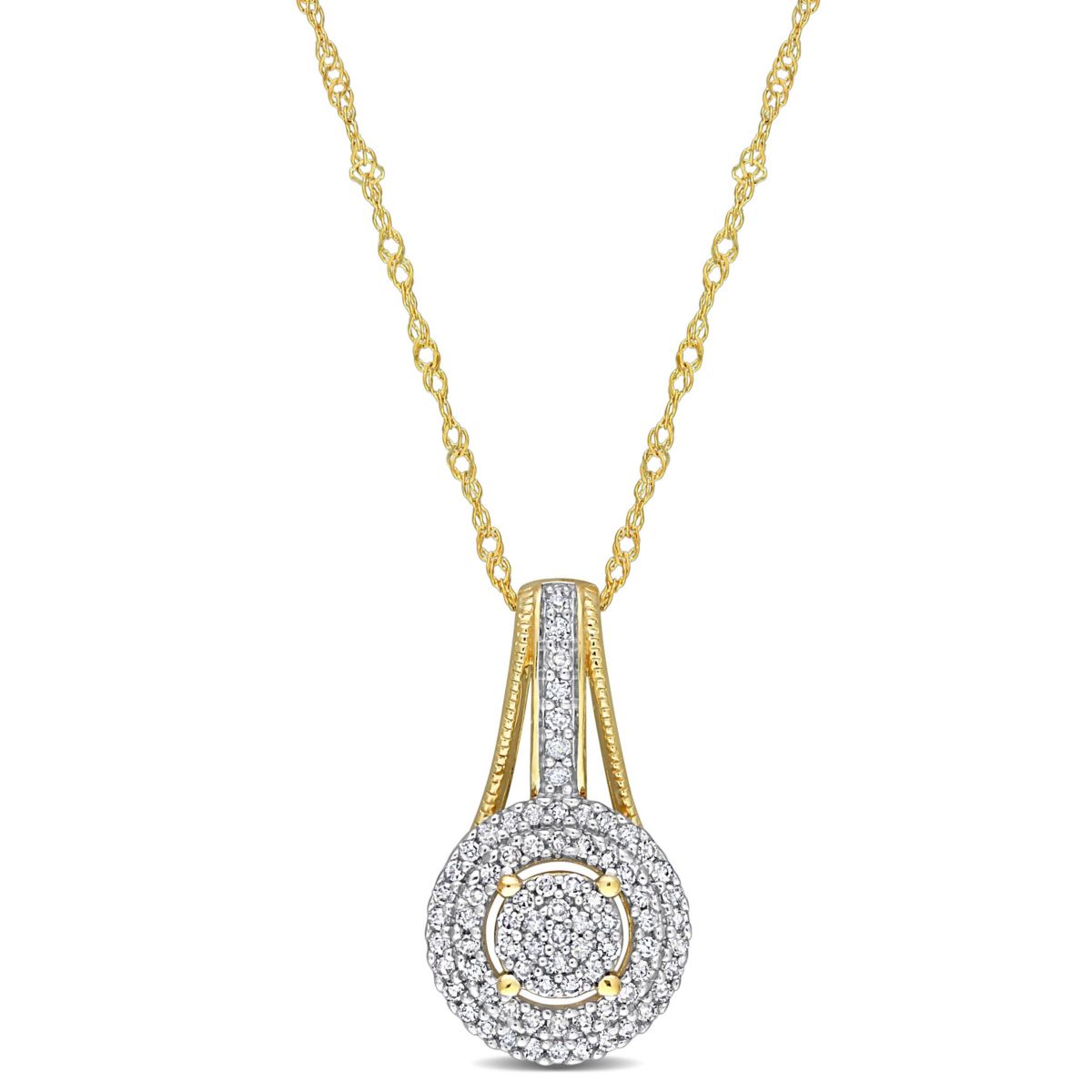 1/4 ct. t.w. Diamond Double Halo Round Cluster Pendant with Chain in 10K Yellow Gold
