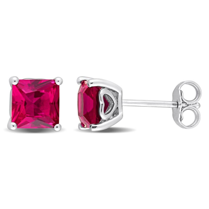 Lab Created 2.33 CT TGW Square Created Ruby Earrings in Sterling Silver