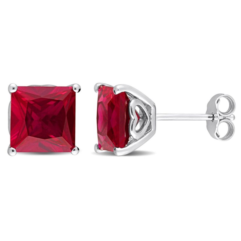 Lab Created 6.12 CT TGW Created Ruby Stud Earrings with Heart Motif in Sterling Silver