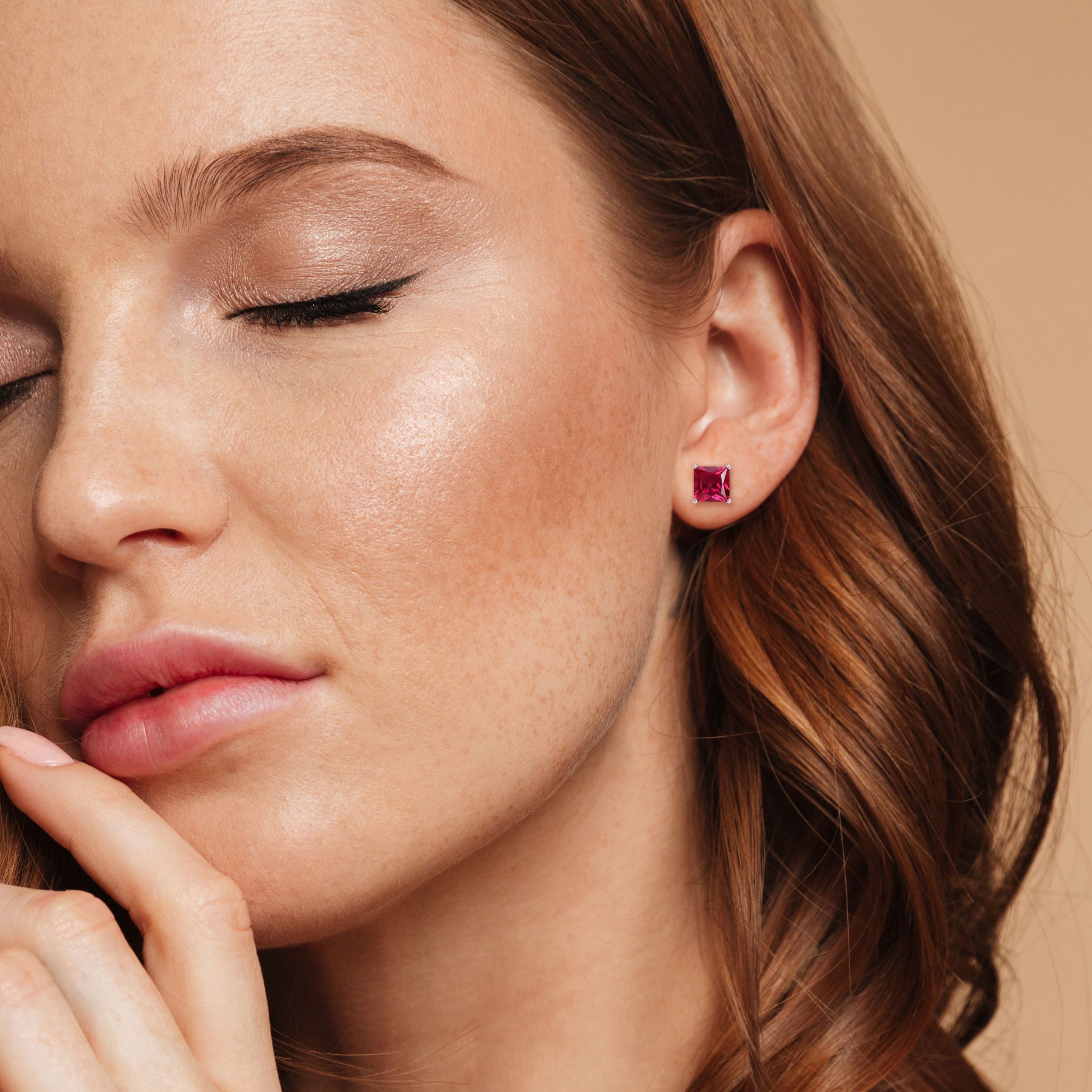 Lab Created 6.12 CT TGW Created Ruby Stud Earrings with Heart Motif in Sterling Silver