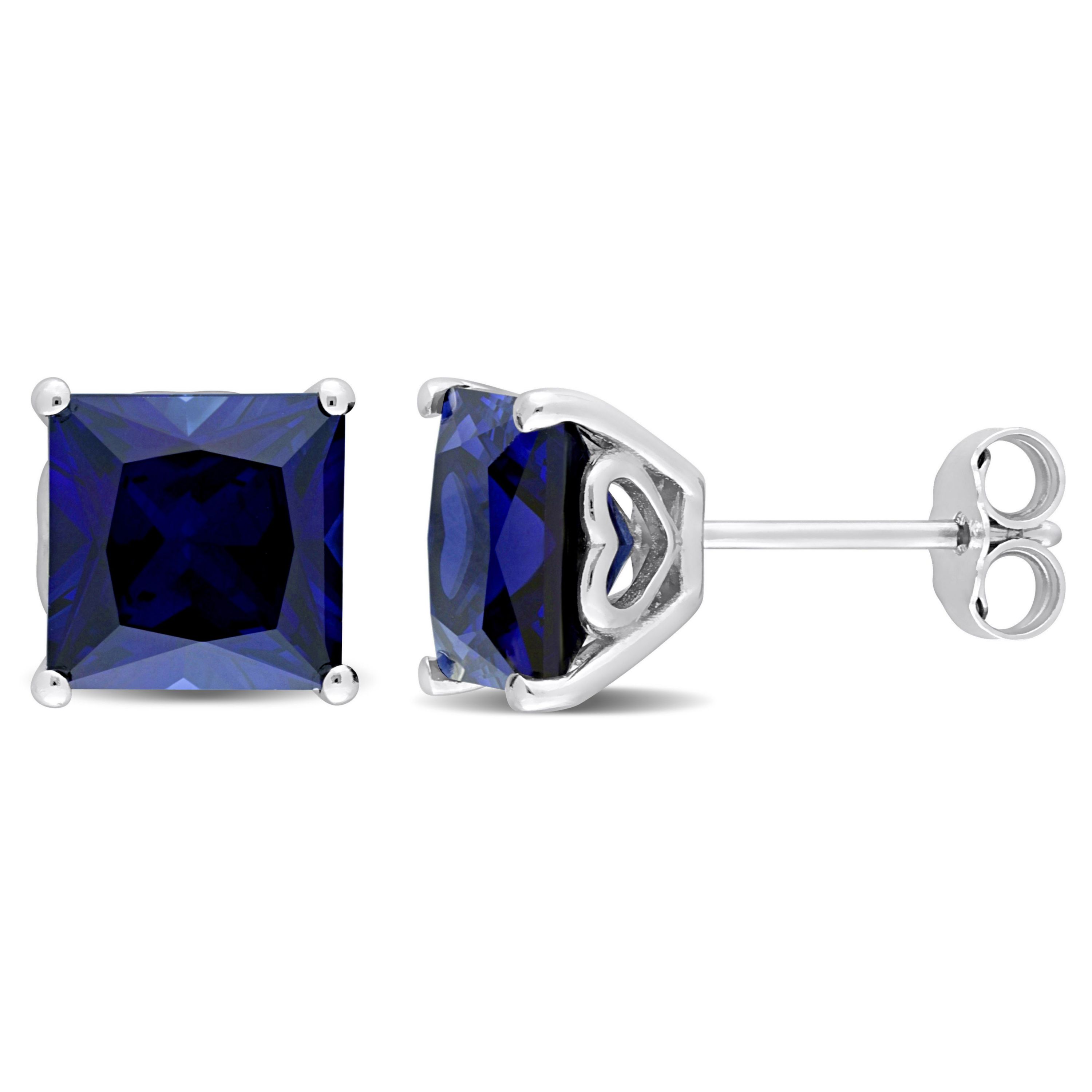 Lab Created 5.5 CT TGW Square Cut Created Blue Sapphire Stud Earrings in Sterling Silver