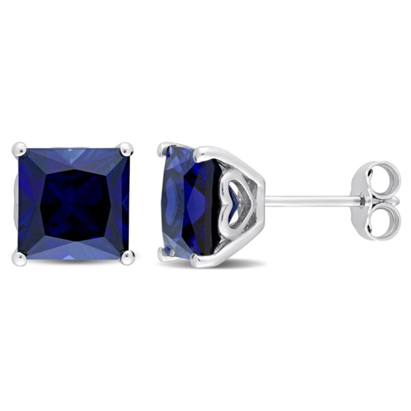 Lab Created 5.5 CT TGW Square Cut Created Blue Sapphire Stud Earrings in Sterling Silver