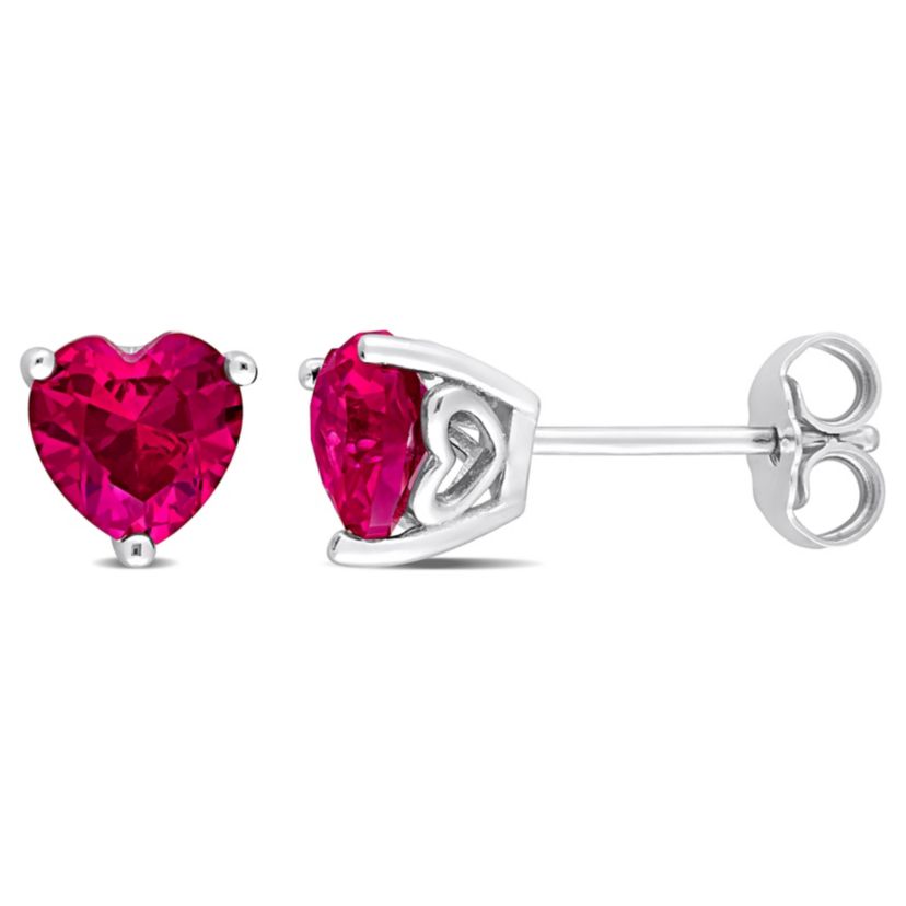 Lab Created 2 CT TGW Heart Shape Created Ruby Earrings in Sterling Silver