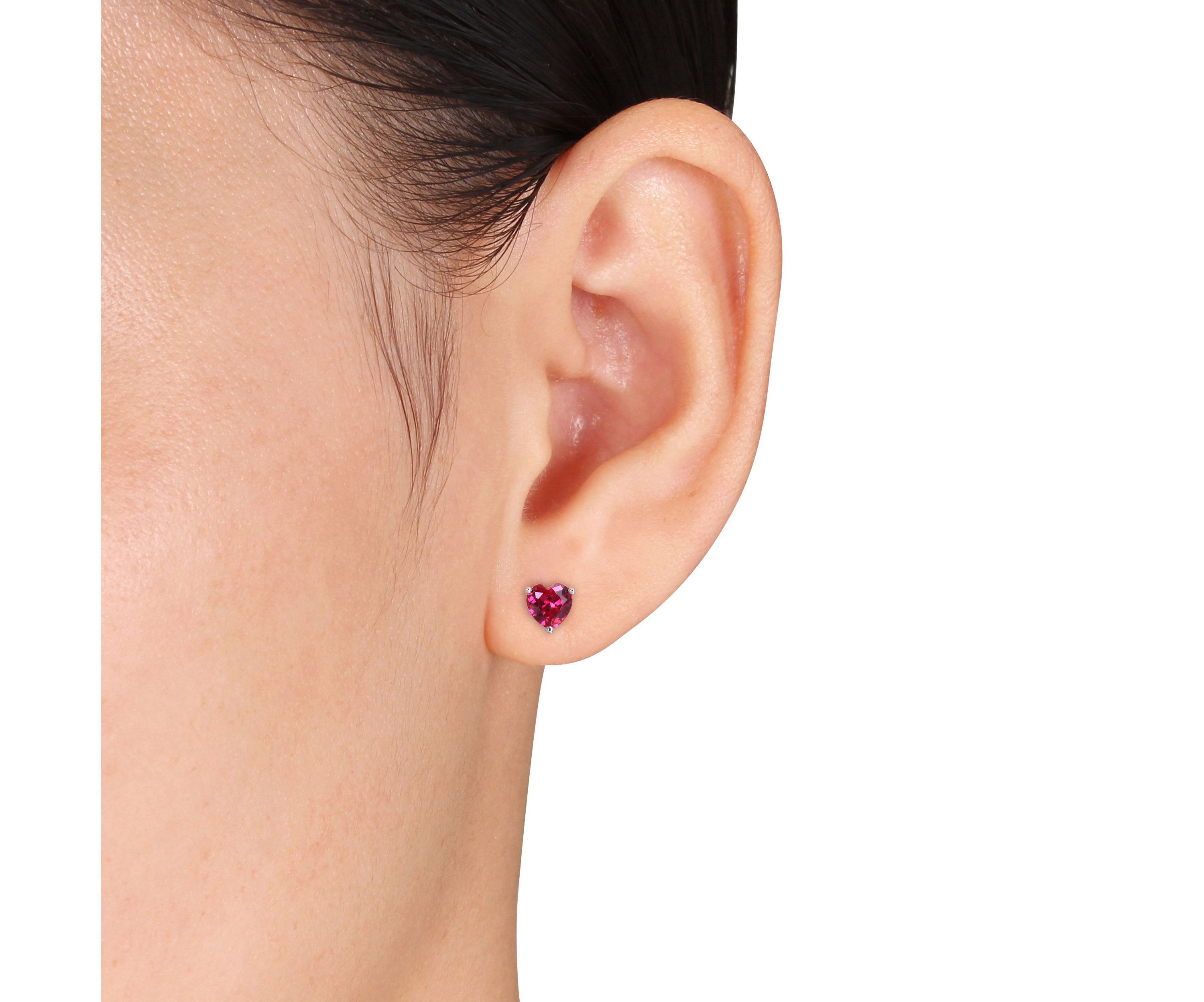 Lab Created 2 CT TGW Heart Shape Created Ruby Earrings in Sterling Silver