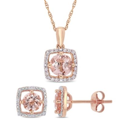 Belk & Co Morganite and 1/6 CT TW Diamond Square Halo Stud Earrings and Pendant with Chain in 10K Rose Gold