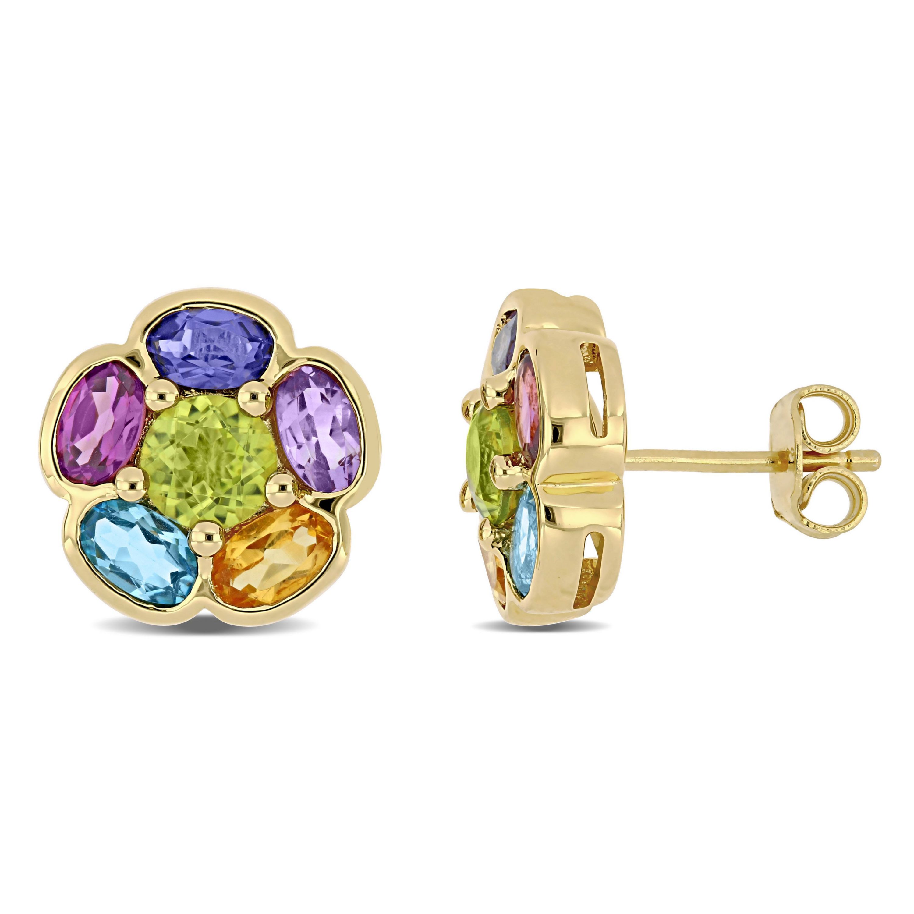 3.62 CT TGW Amethyst Swiss-Blue Topaz Rhodolite Iolite Citrine Peridot Floral Stud Earrings in Yellow Plated Sterling Silver